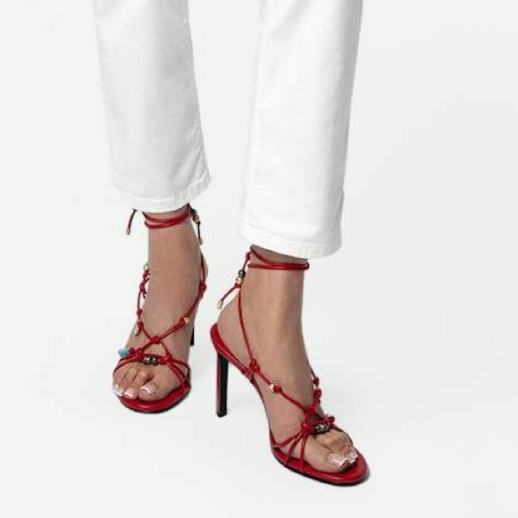 NIB Zadig & Voltaire Alana Embellished Strappy High Heel Sandals Power Red 39 - Picture 1 of 16